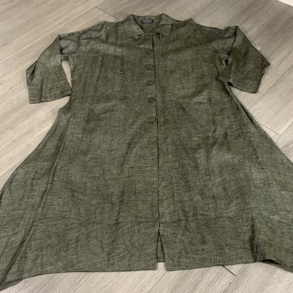 Transparente Black Label Black/Green 100% Linen Lagenlook A-Line Button Duster - Picture 12 of 15